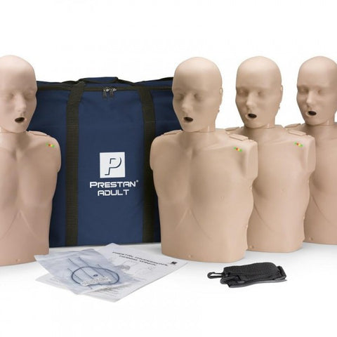 Prestan Professional Adult CPR-AED Training Manikins 4-Pack (with CPR Monitor) w/50 A/C lung bags and a nylon carrying case